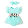 thumbnail image 1 of Caoirhny Infant Girl Romper Dress Flower Leaves Embroidery Rib Knit Fly Sleeve Tulle Skirt Hem Jumpsuits Baby Bodysuits with Headband, 1 of 9