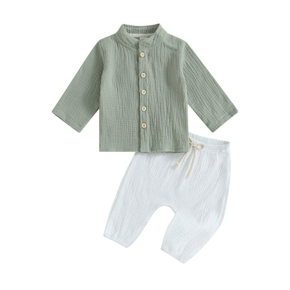 Caoirhny Kids Boys Fall Outfits Solid Color Buttons Long Sleeve Shirts Tops and Elastic Waist Long Pants 2Pcs Clothes Set