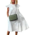 thumbnail image 1 of Caoirhny Ladies Temperament Loose Mid-length Dress, Summer Women Leisure Style Solid Color Round Collar Fly Sleeve Ruched Skirt, 1 of 5
