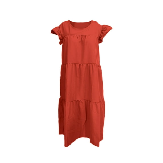 Caoirhny Ladies Temperament Loose Mid-length Dress, Summer Women Leisure Style Solid Color Round Collar Fly Sleeve Ruched Skirt