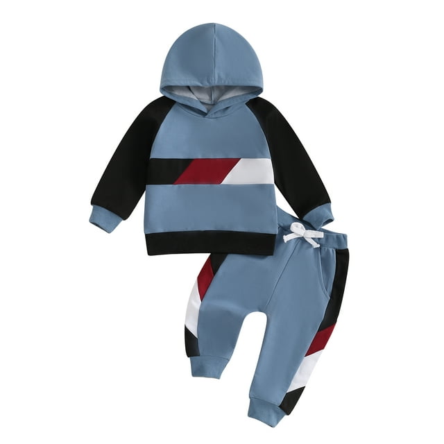 Caoirhny Little Boy Pants Set Contrast Color Long Sleeve Hoodie Drawstring Pocket Trousers Outfits