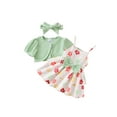 thumbnail image 1 of Caoirhny Little Girl Summer Outfit, Ribbed Short Sleeve Cardigan Flower Layered Ruffle Cami Dress Tie Headband 3 Piece Set, 1 of 9