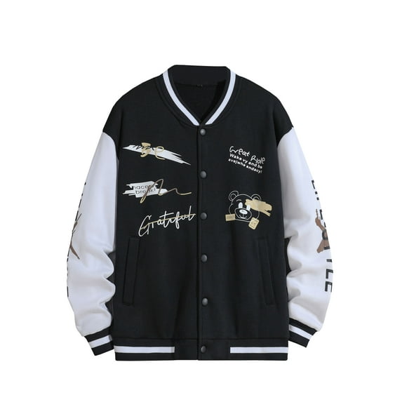 Caoirhny Men Baseball Jacket, Long Sleeve Button Closure Letters Bear Print Contrast Color Varsity Jacket Fall Casual Jacket