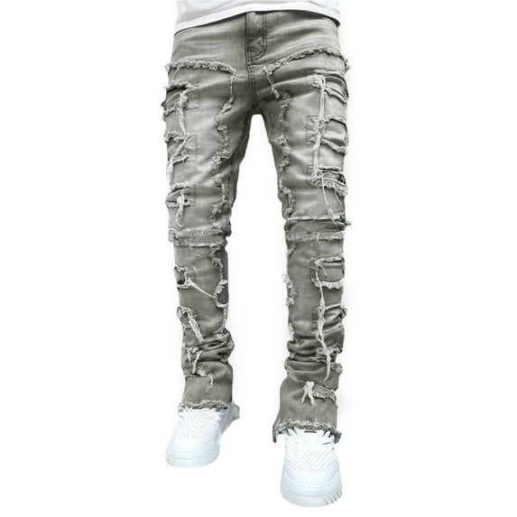 Caoirhny Men Skinny Pants Vintage Patch Frayed Denim Pants Spring Fall Casual Leggings Trousers with Pockets