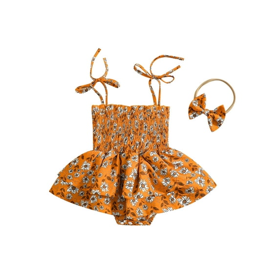 Caoirhny Newborn Girl Dress Style Romper Outfits, Sleeveless Floral Printed Tie-Up Pleated Bodysuit + Cute Bow-Knot Headband Set