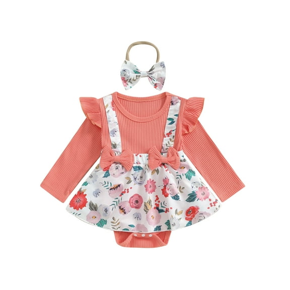 Caoirhny Newborn Girl Outfit, Long Sleeve Crew Neck Flower Print Romper Dress with Bowknot Headband Clothes
