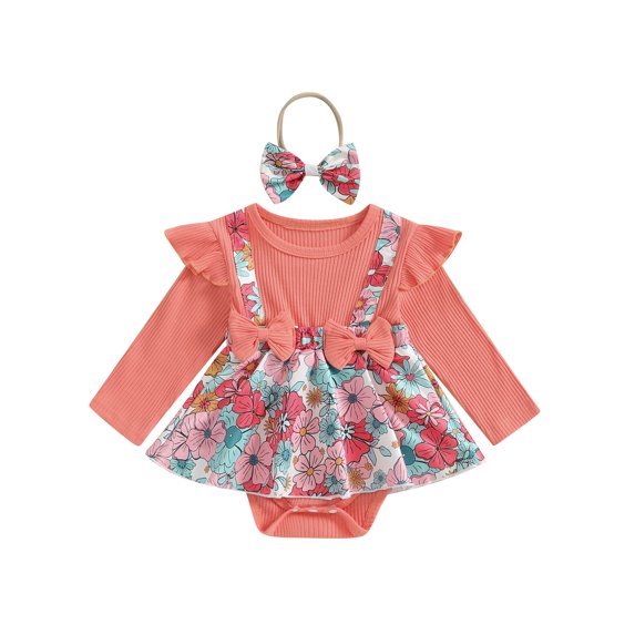 Caoirhny Newborn Girl Outfit, Long Sleeve Crew Neck Flower Print Romper Dress with Bowknot Headband Clothes
