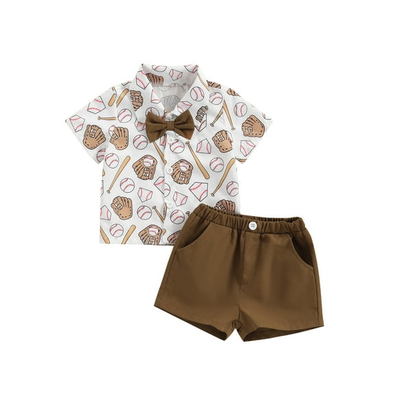 Caoirhny Todder Little Boy Summer Outfit, Baseball Print Lapel Neck Short Sleeve Tops with Bowtie Elastic Waist Shorts Toddler Set 6M-4T