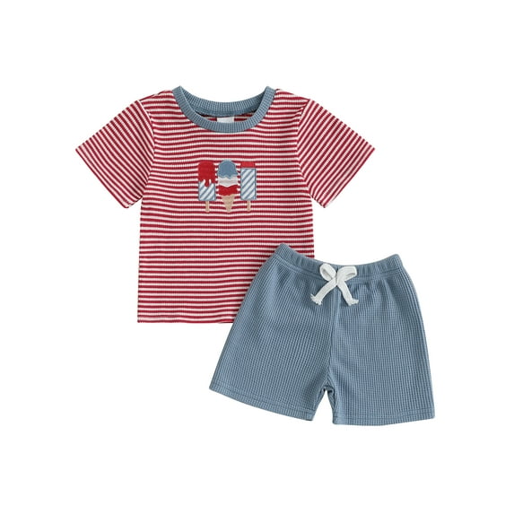 Caoirhny Toddler Baby Boy 4th of July Outfit 0-3Years Star Popsicle/American Flag Striped Short Sleeve Tops Solid Shorts 2 Piece Waffle Set