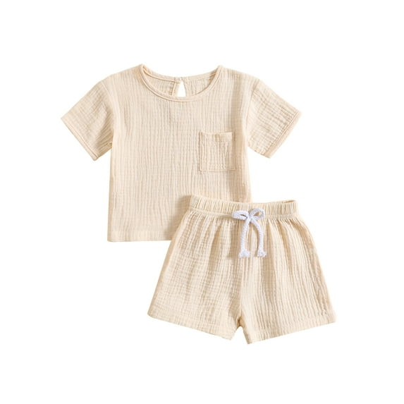 Caoirhny Toddler Baby Boys Girls Summer Outfits 0 6 12 18 24 Months 2T 3T Short Sleeve Pocket T-Shirt + Tie Front Shorts Set Toddler Clothes