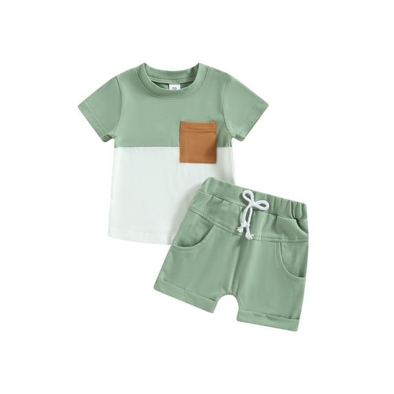 Caoirhny Toddler Baby Boys Summer Outfit Sets 0 6 12 18 24 Months 2T 3T Short Sleeve Contrast Color T shirt Tops + Solid Color Drawstring Shorts Clothing