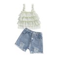 thumbnail image 1 of Caoirhny Toddler Girls 2Pcs Summer Outfits, Sleeveless Ruffle Tank Tops + Ripped Denim Shorts Set, 1 of 9