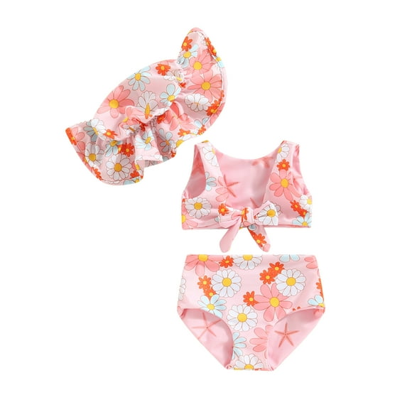 Caoirhny Toddler Girls Summer 3PCS Swimwear Sets Sleeveless Bow Tank Tops + Floral PP Shorts + Hat
