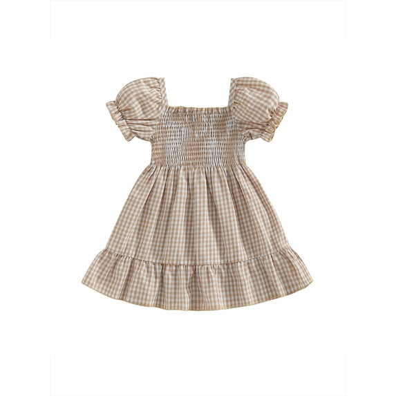 Caoirhny Toddler Girls Summer Casual Dress Short Puff Sleeve A-line Plaid Dress for Party, Travel