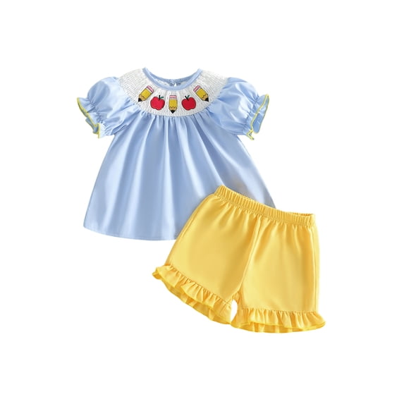 Caoirhny Toddler Kids Girls Back to School Clothes Set 2T 3T 4T 5T 6T Apple/Pencil Embroidery Short Sleeves T-Shirt and Elastic Ruffles Shorts Outfits