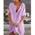 thumbnail image 1 of Caoirhny Women Bikini Cover-Ups Solid Color Crew Neck Short Sleeve Button-Down Summer Shirts Mini Beach Dress, 1 of 2