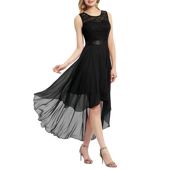 Caoirhny Women Evening Party A-line Dress Lace Patchwork Big Swing Chiffon Dress Summer Round Neck Sleeveless Irregular Hem Dress
