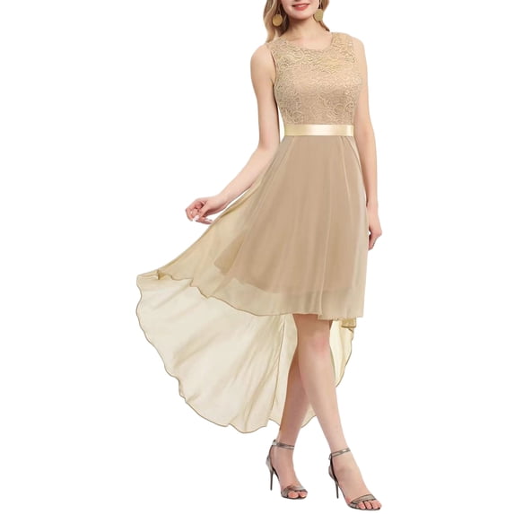 Caoirhny Women Evening Party A-line Dress Lace Patchwork Big Swing Chiffon Dress Summer Round Neck Sleeveless Irregular Hem Dress