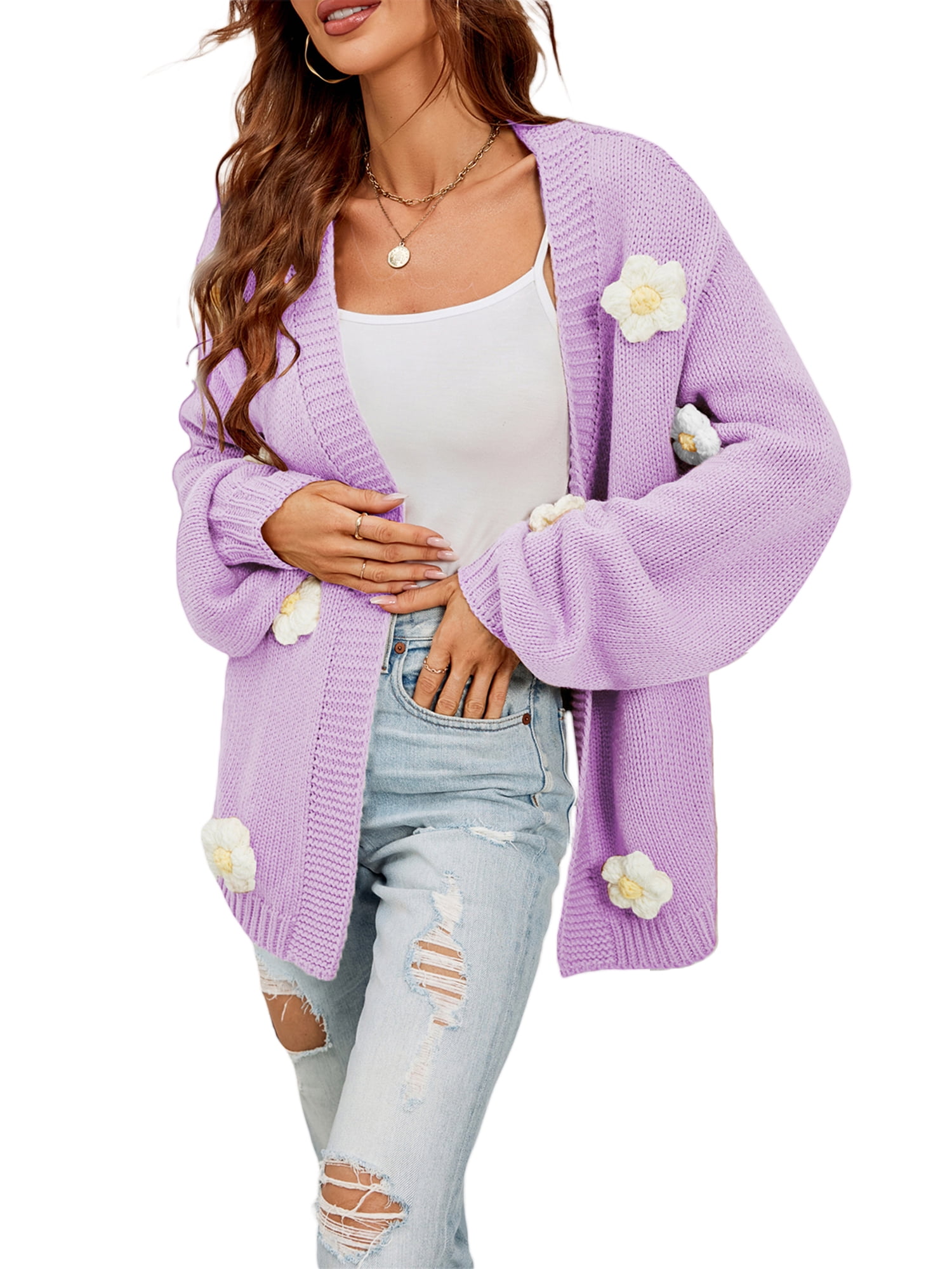 Grof gebreid damesvest met bloemenprint, lange mouwen, V-hals, button-down, oversized truien, casual open voorkant, cardigan streetwear, A-roze, XL