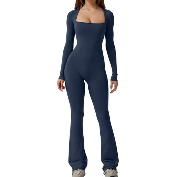 Caoirhny Women Jumpsuit, Long Sleeve Square Neck Solid Slim Fit Ladies Fall Romper Clubwear