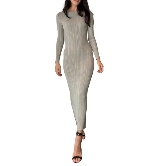 Caoirhny Women Knit Dress, Long Sleeve Crew Neck Solid Ribbed Dress Slim Fit Fall Long Dress