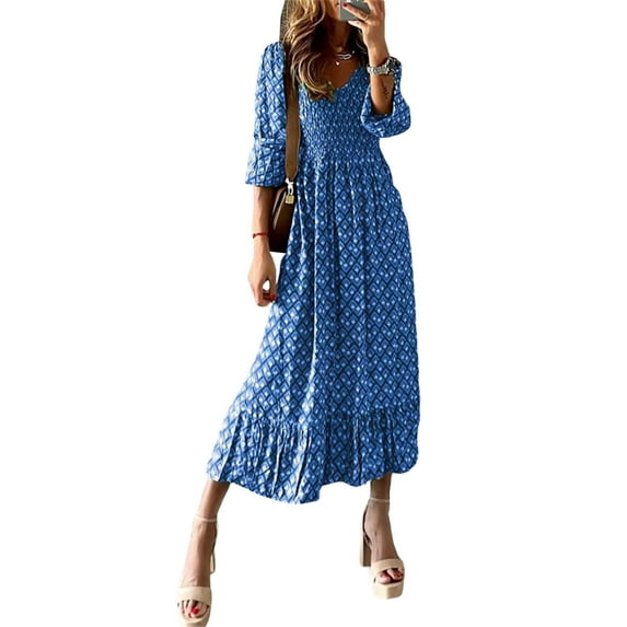 Caoirhny Women Long Dress, 3/4 Sleeve Dress V Neck Pleated Graphic Print Fall Casual Swing Dress