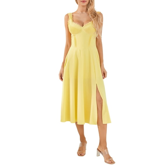 Caoirhny Women Long Dress, Sleeveless V-neck Lace Patchwork Summer A-line Dress Slit Dress