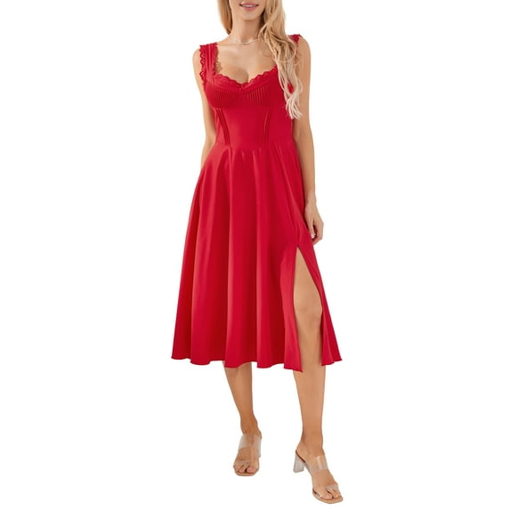 Caoirhny Women Long Dress, Sleeveless V-neck Lace Patchwork Summer A-line Dress Slit Dress