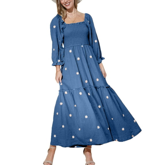 Caoirhny Women Long Sleeve Floral Dress Casual Square Neck Ruched A-Line Party Long Dress for Beach Cocktail Club Streetwear