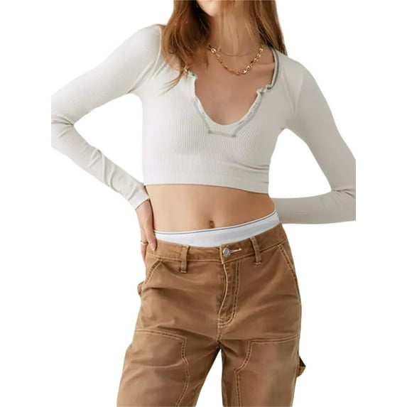 Caoirhny Women Long Sleeve Shirt Casual Contrast Color Ribbed Pullover Crop Tops Streetwear Clubwear