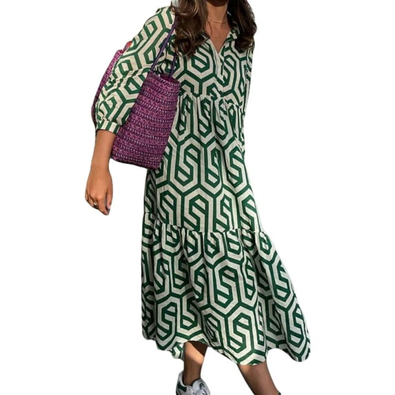 Caoirhny Women Long Sleeve Shirt Dress Geometric Print Casual Loose A-Line Party Dress for Beach Cocktail Club Streetwear