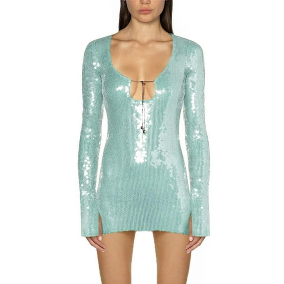 Caoirhny Women Sequined Dresses, Long Sleeve Drawstrings Solid Color Street Party Short Dress