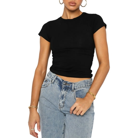 Caoirhny Women Short Sleeve Crop Tops Solid Color Slim Fit Summer Round Neck Basic T-shirts for Party Streetwear