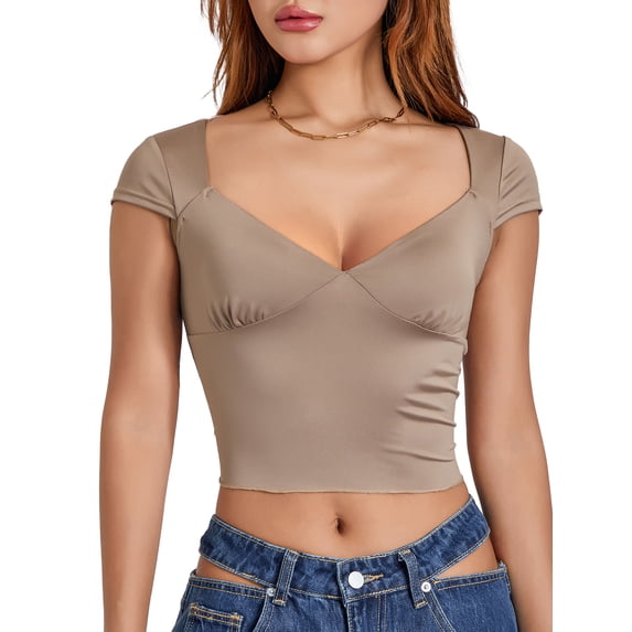 Caoirhny Women Short Sleeve Crop Tops Solid Color Sweetheart Neckline T-Shirts Summer Slim Fit Shirts Streetwear