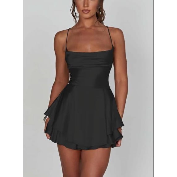 Caoirhny Women Solid Color Cami Playsuits Cowl Neck Sleeveless Short Jumpsuits Summer Cross Tie-Up Backless Romper Clubwear
