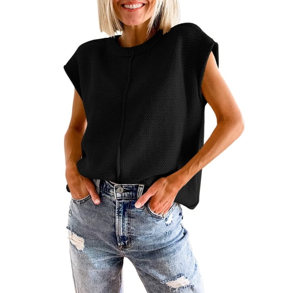 Caoirhny Women Solid Color Sweater Vests Crew Neck Cap Sleeve Loose Fit Pullovers Casual Knitted Tank Tops Streetwear