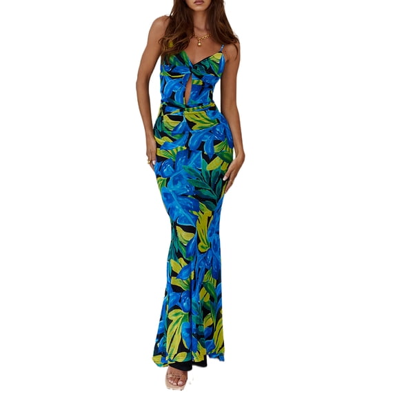 Caoirhny Women Spaghetti Strap Floral Dress Summer Twisted Cutout Backless Cocktail Party Dress for Beach Nightclub