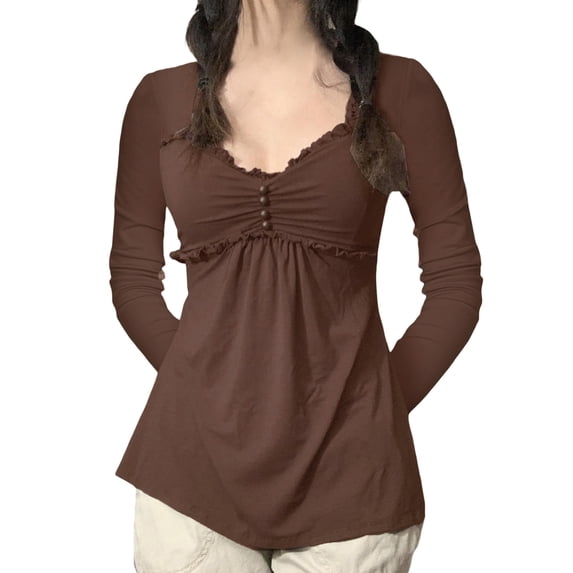 Caoirhny Women Spring Autumn A-line Tops Solid Color Long Sleeve Ruffle Trim Casual T-shirt