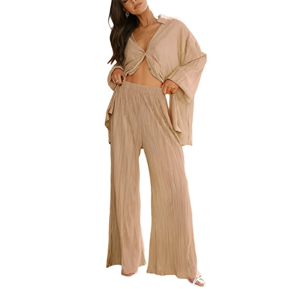 Caoirhny Women Spring Pants Outfits Solid Color Turn-Down Collar Long Sleeve Loose Shirts Elastic Waist Wide-Leg Long Pants 2 Pieces Set