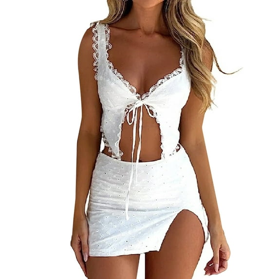 Caoirhny Women Summer 2 Piece Outfits Lace Ruffle Tie Front Camisole and Slits Mini Skirt Set for Streetwear Aesthetic Clothes