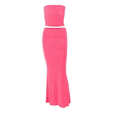 Caoirhny Women Summer 2 Pieces Outfits Solid Color Strapless Exposed Navel Wrap Chest Tube Tops and Wrapped Hip Long Skirts Set