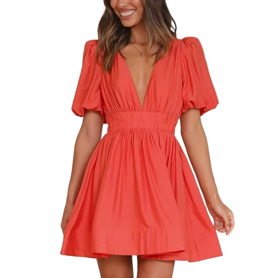 Caoirhny Women Summer Casual A-line Dress Solid Color Deep V-Neck Short Puff Sleeve Mini Dress Fashion Party Short Dress