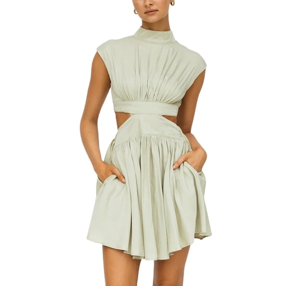 Caoirhny Women Summer Casual Dress Stand Collar Solid Color Cutout Pleated Party Dress Beach Streetwear