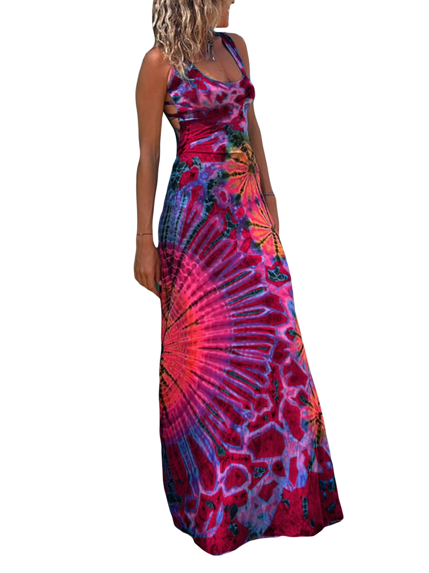 BELAROI Women's Plus Size Tie Dye Maxi Dress - V Neck, Short Sleeve, Side Pockets & Split, Loose Fit (Dark Blue, 3X) - View #10
