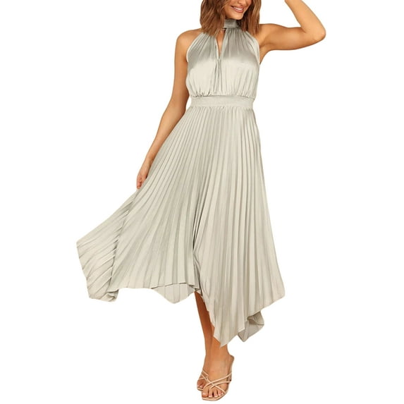 Caoirhny Women Summer Casual Midi Dress Solid Color Halter Neck Sleeveless Dress Fashion Irregular Hem Party Dress
