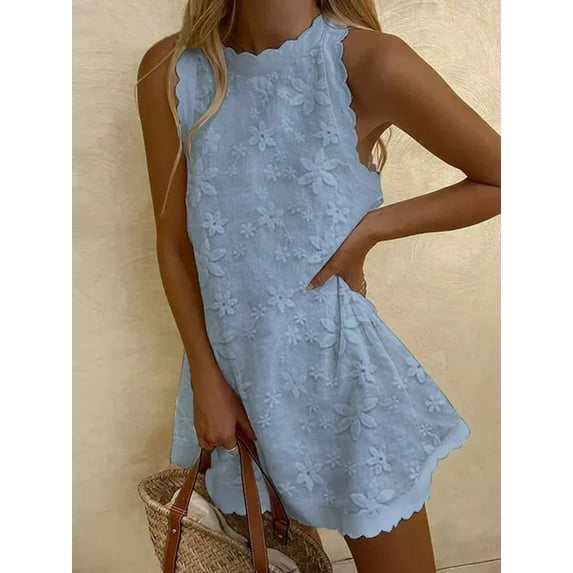 Caoirhny Women Summer Casual Short Dress Flower Lace Crew Neck Sleeveless Sweet Dress Fashion Mini Dress