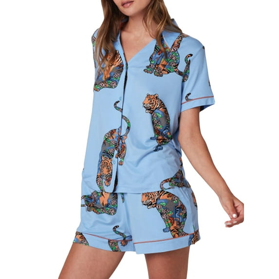 Caoirhny Women Summer Pjs Set Zebra/Tiger Print Button Short Sleeves T-Shirt and Elastic Shorts for Loungewear Soft Sleepwear