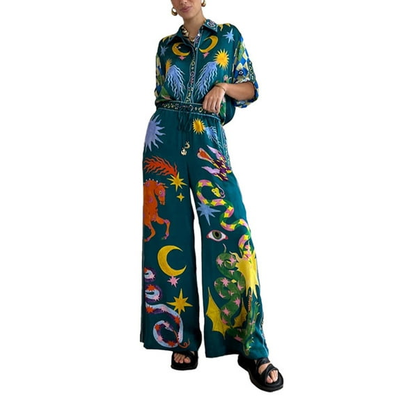 Caoirhny Women's 2 Piece Casual Outfits Long Sleeve Lapel Button Shirt Print Drawstring Pants Sets Streetwear