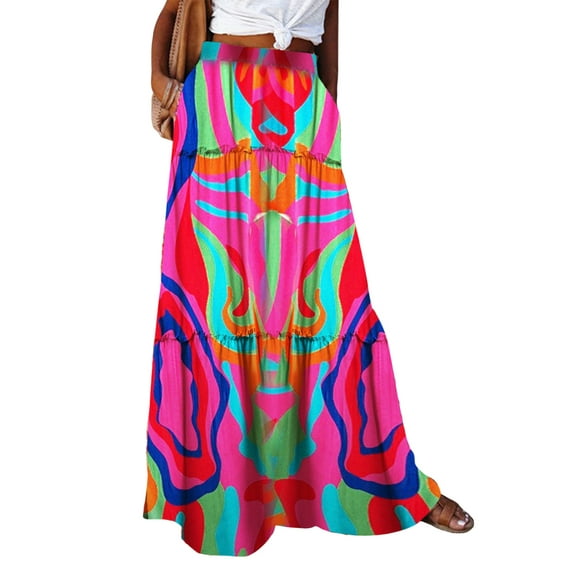 Caoirhny Women's Bohemian Skirts Vintage Elastic High Waist A-Line Skirts Tiered Long Skirts with Pockets