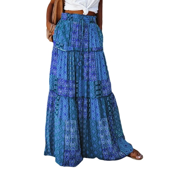 Caoirhny Women's Bohemian Skirts Vintage Elastic High Waist A-Line Skirts Tiered Long Skirts with Pockets